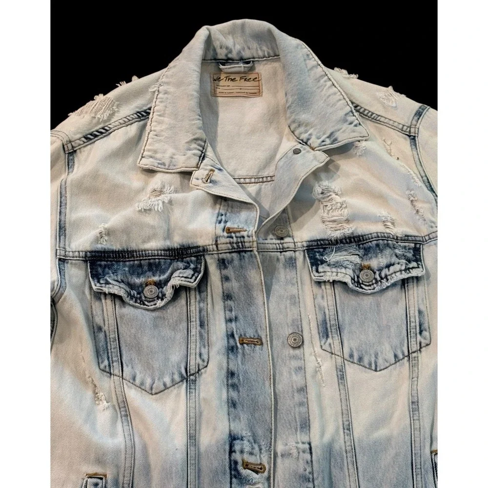 Free People‎ We The Free Destroyed Long & Lean Trucker Jacket Denim S Oversized - Picture 3 of 8